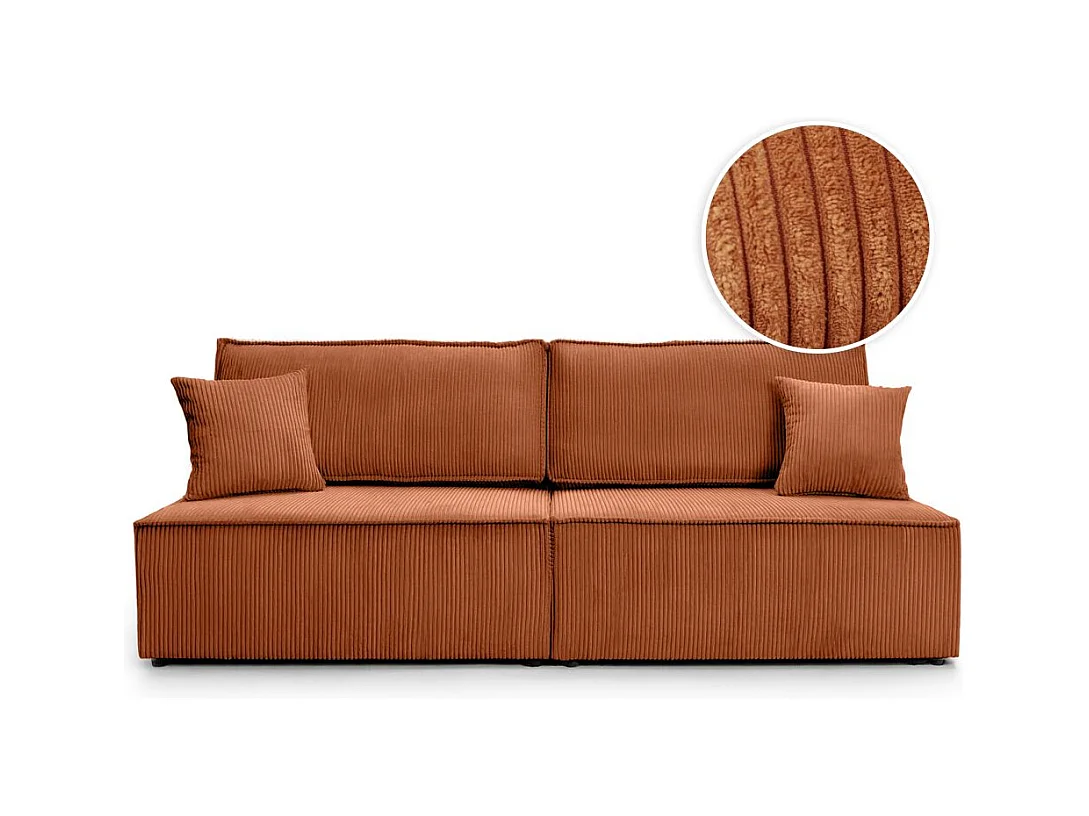 Canapé convertible 3 places FIONA sans accoudoirs coffre de rangement velours côtelé - Terracotta