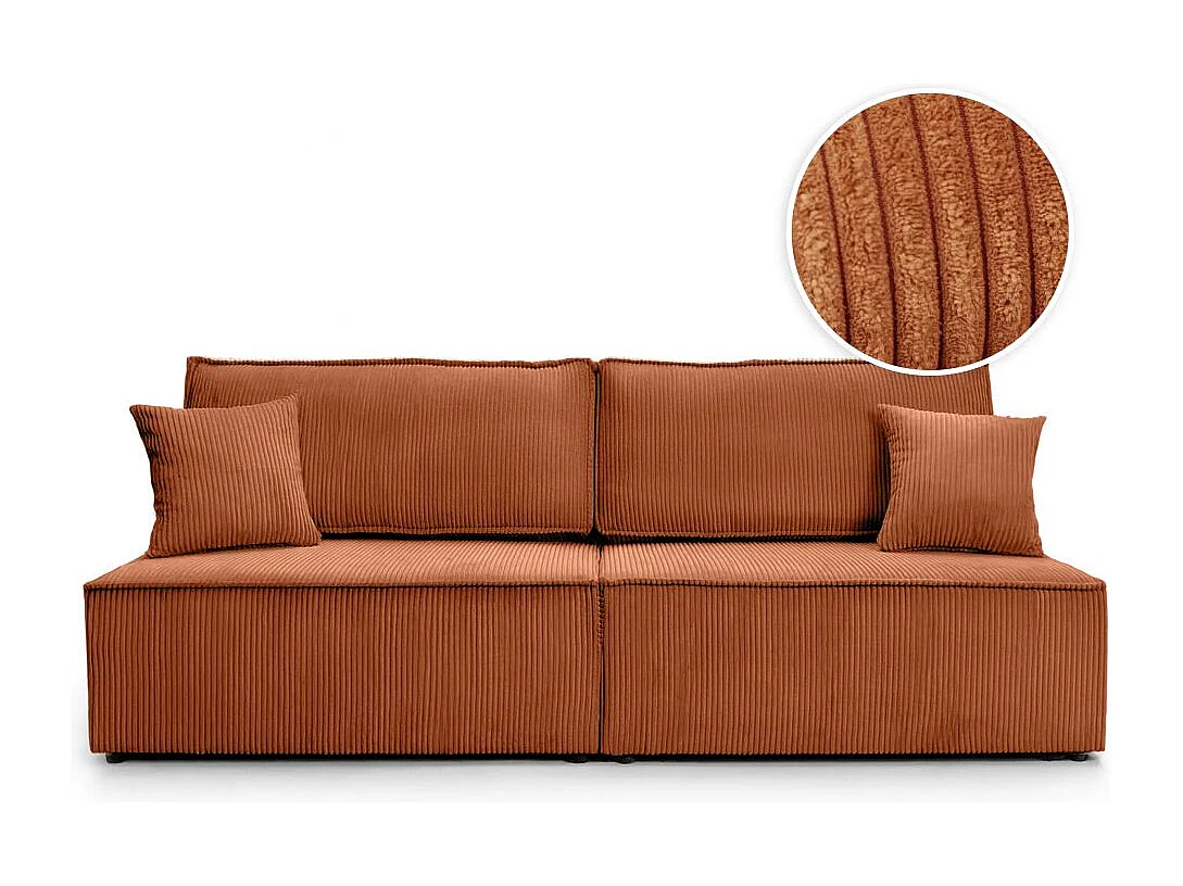 Canapé convertible 3 places FIONA sans accoudoirs coffre de rangement velours côtelé - Terracotta