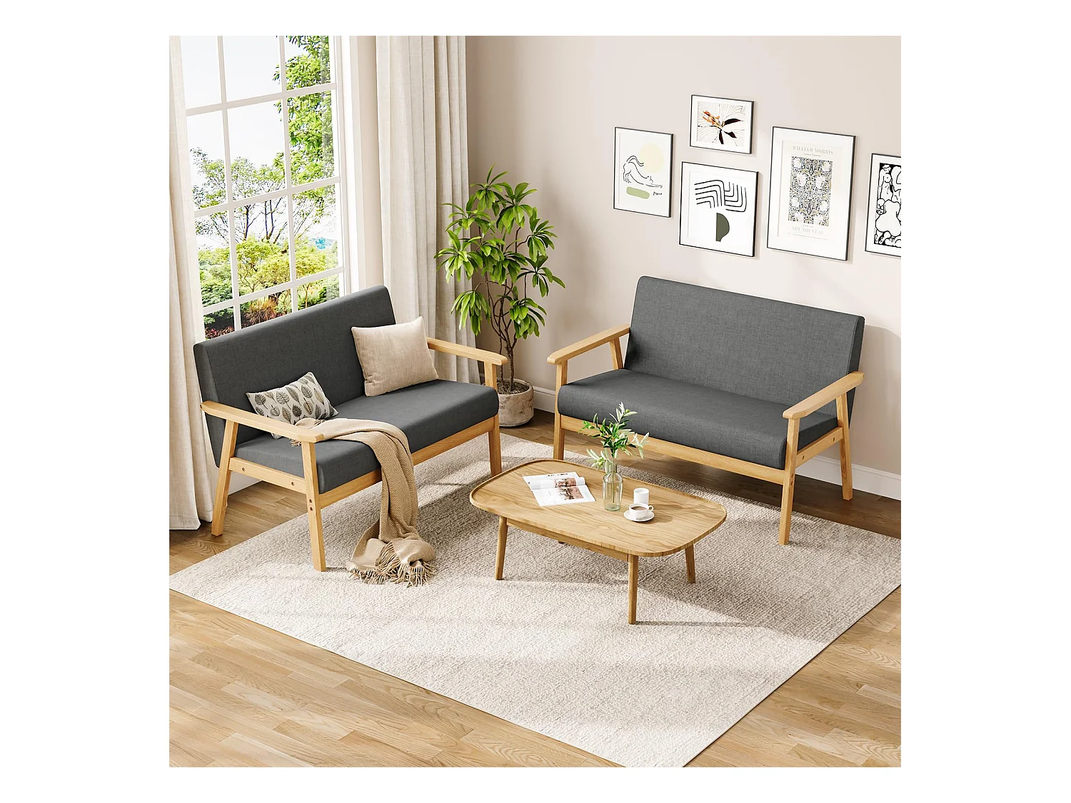 Divano a 2 posti - Moderno e scandinavo - in legno e lino - per soggiorno, camera da letto, ufficio - Grigio scuro - 113 x 67 x 75 cm