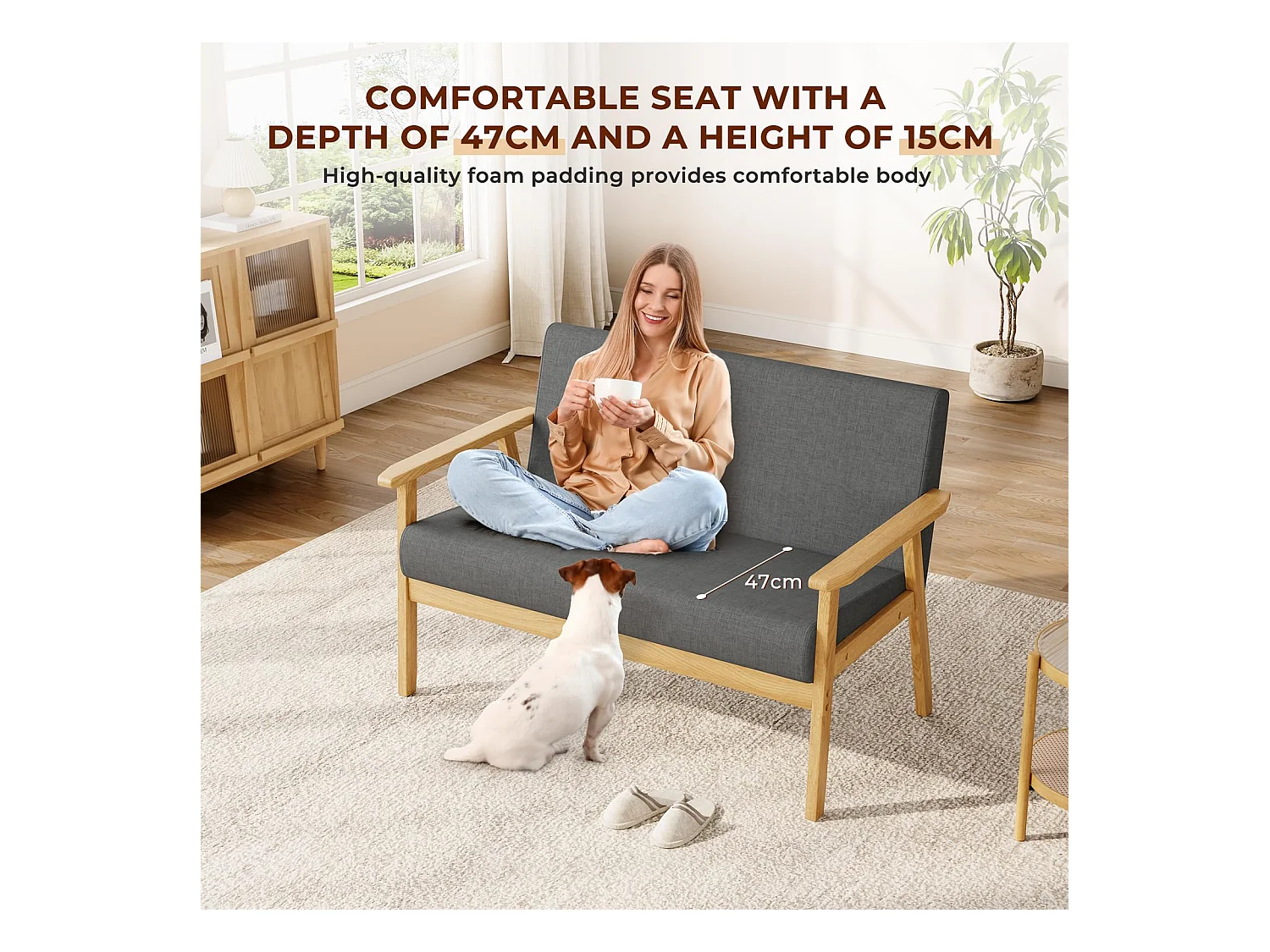 Divano a 2 posti - Moderno e scandinavo - in legno e lino - per soggiorno, camera da letto, ufficio - Grigio scuro - 113 x 67 x 75 cm