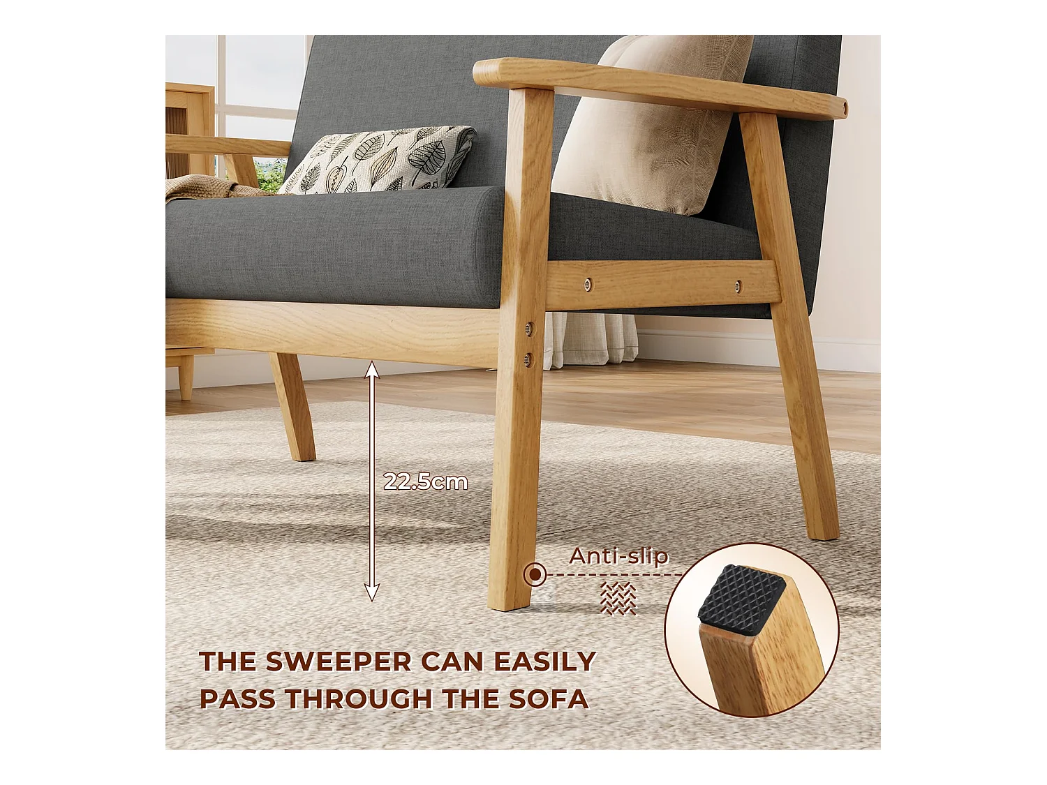 Divano a 2 posti - Moderno e scandinavo - in legno e lino - per soggiorno, camera da letto, ufficio - Grigio scuro - 113 x 67 x 75 cm