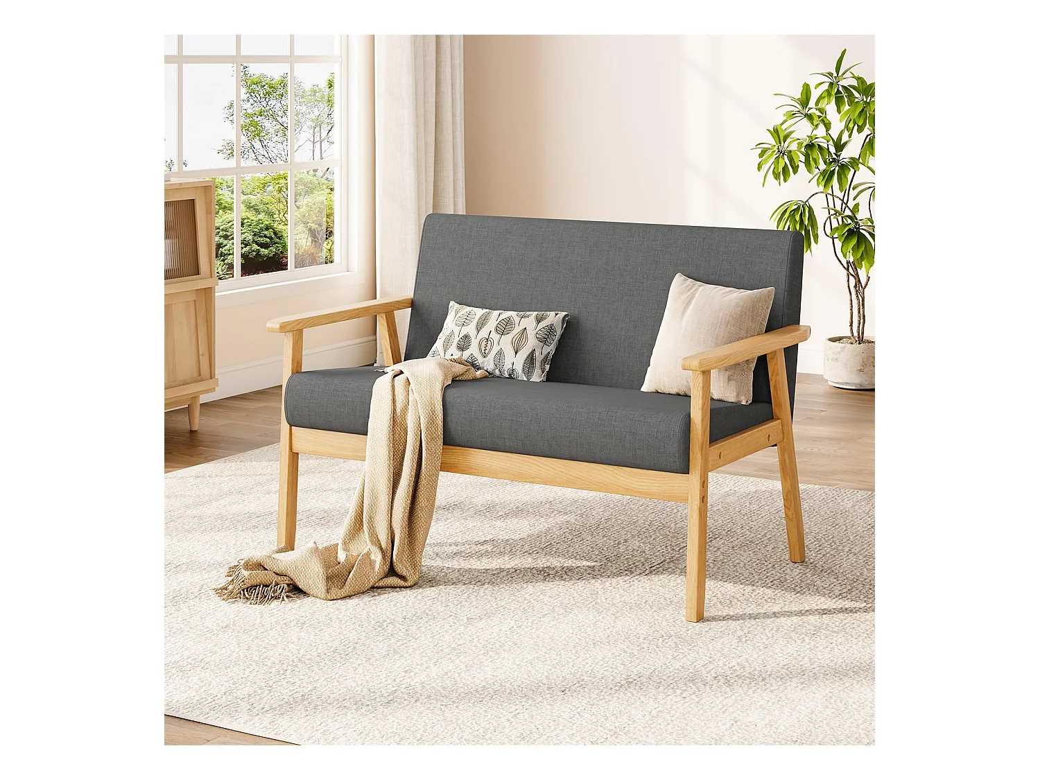 Canapé 2 Places - Moderne et scandinave - en Bois et Lin - pour Salon, Chambre à Coucher, Bureau - Gris foncé - 113 x 67 x 75 cm