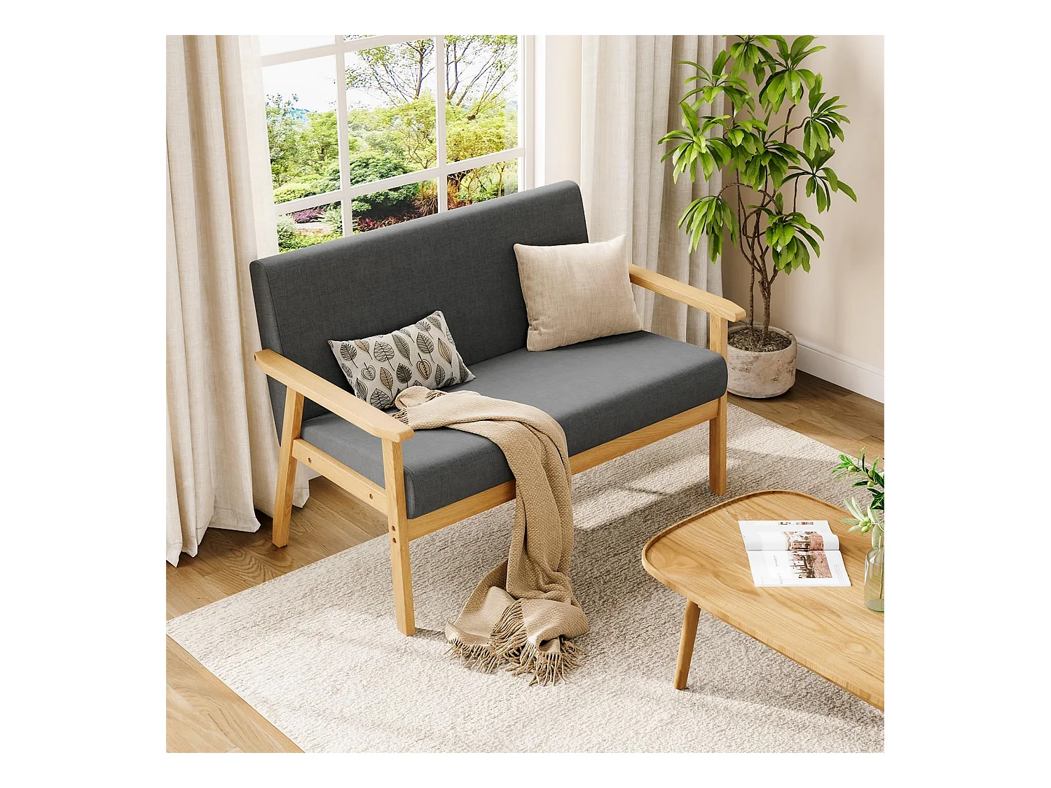 Canapé 2 Places - Moderne et scandinave - en Bois et Lin - pour Salon, Chambre à Coucher, Bureau - Gris foncé - 113 x 67 x 75 cm