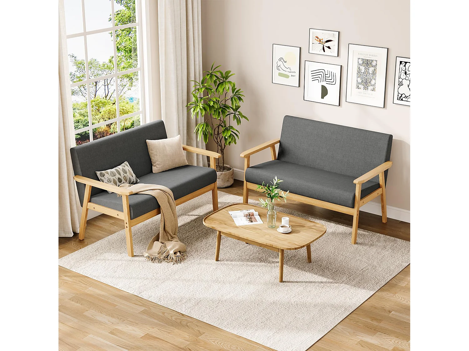 Canapé 2 Places - Moderne et scandinave - en Bois et Lin - pour Salon, Chambre à Coucher, Bureau - Gris foncé - 113 x 67 x 75 cm