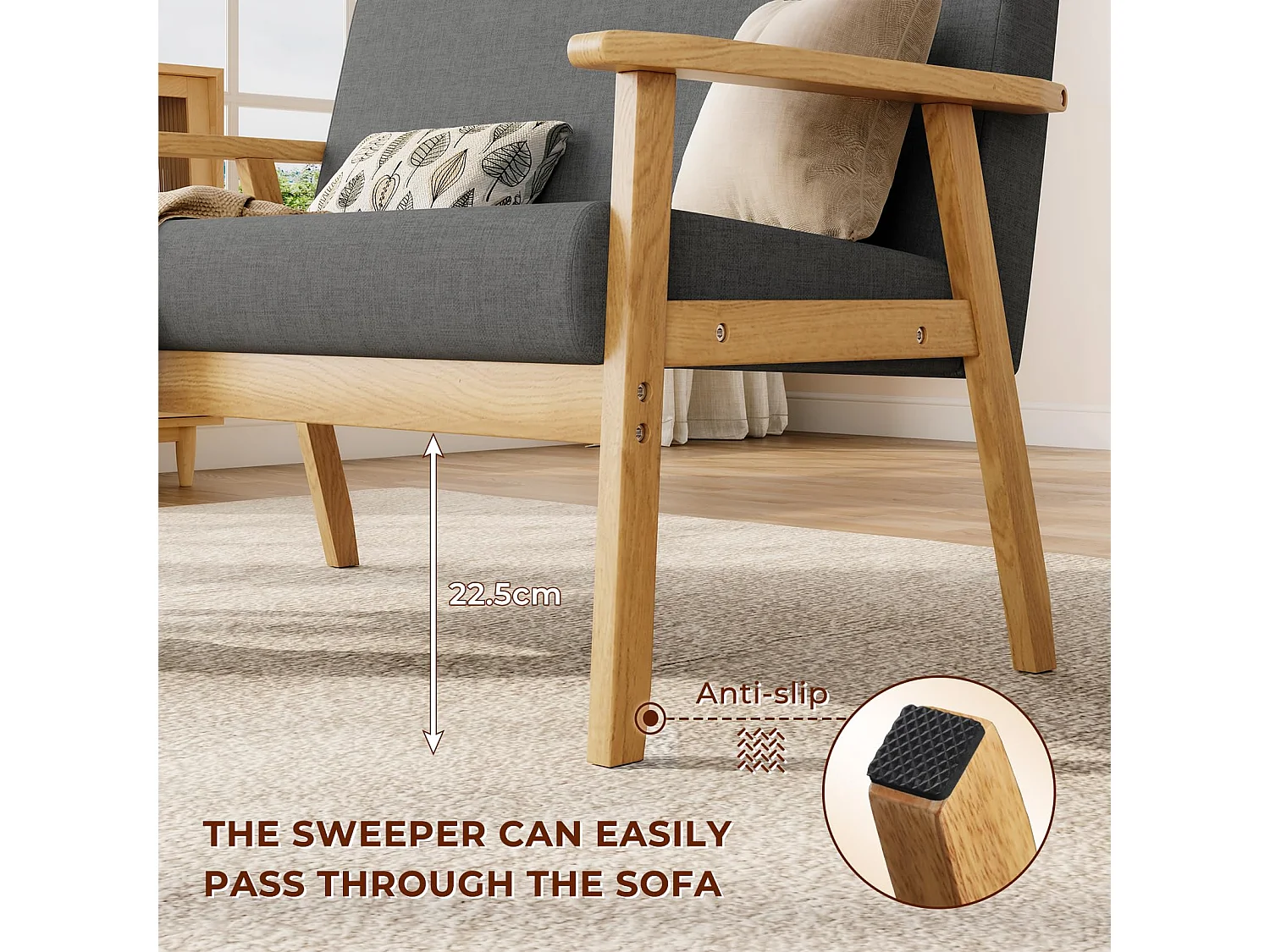 Canapé 2 Places - Moderne et scandinave - en Bois et Lin - pour Salon, Chambre à Coucher, Bureau - Gris foncé - 113 x 67 x 75 cm