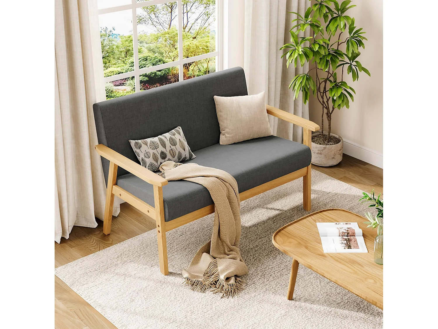 Canapé 2 Places - Moderne et scandinave - en Bois et Lin - pour Salon, Chambre à Coucher, Bureau - Gris foncé - 113 x 67 x 75 cm