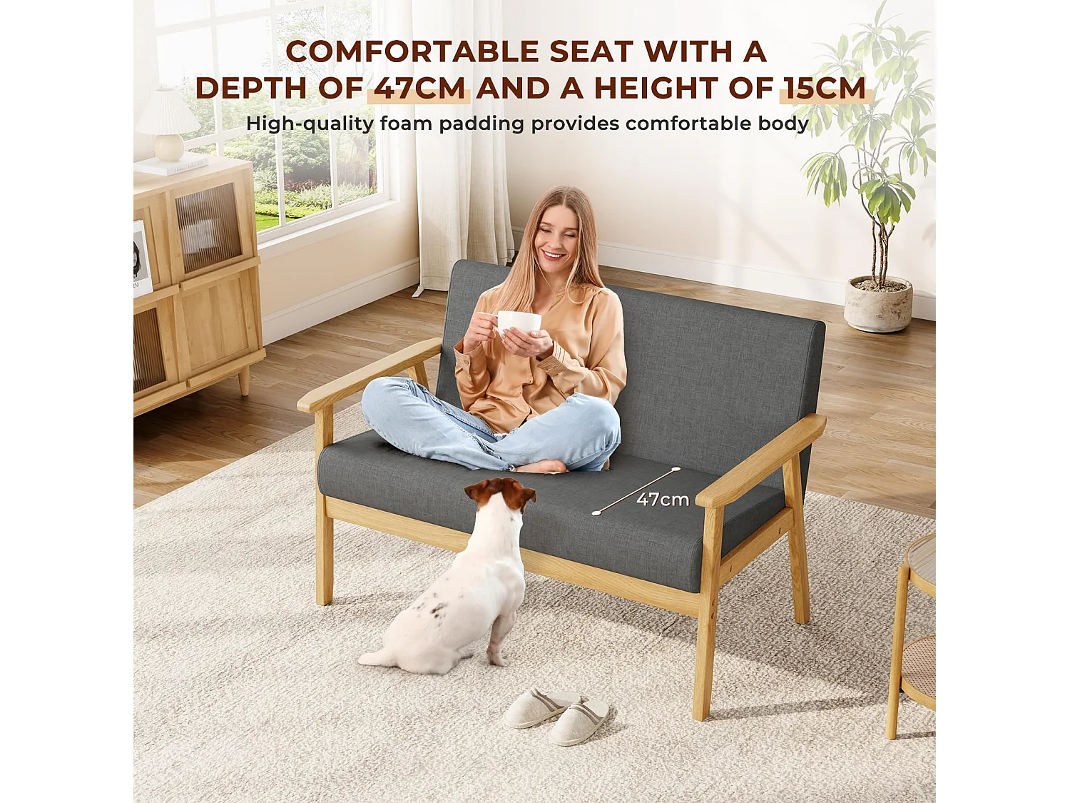 Canapé 2 Places - Moderne et scandinave - en Bois et Lin - pour Salon, Chambre à Coucher, Bureau - Gris foncé - 113 x 67 x 75 cm