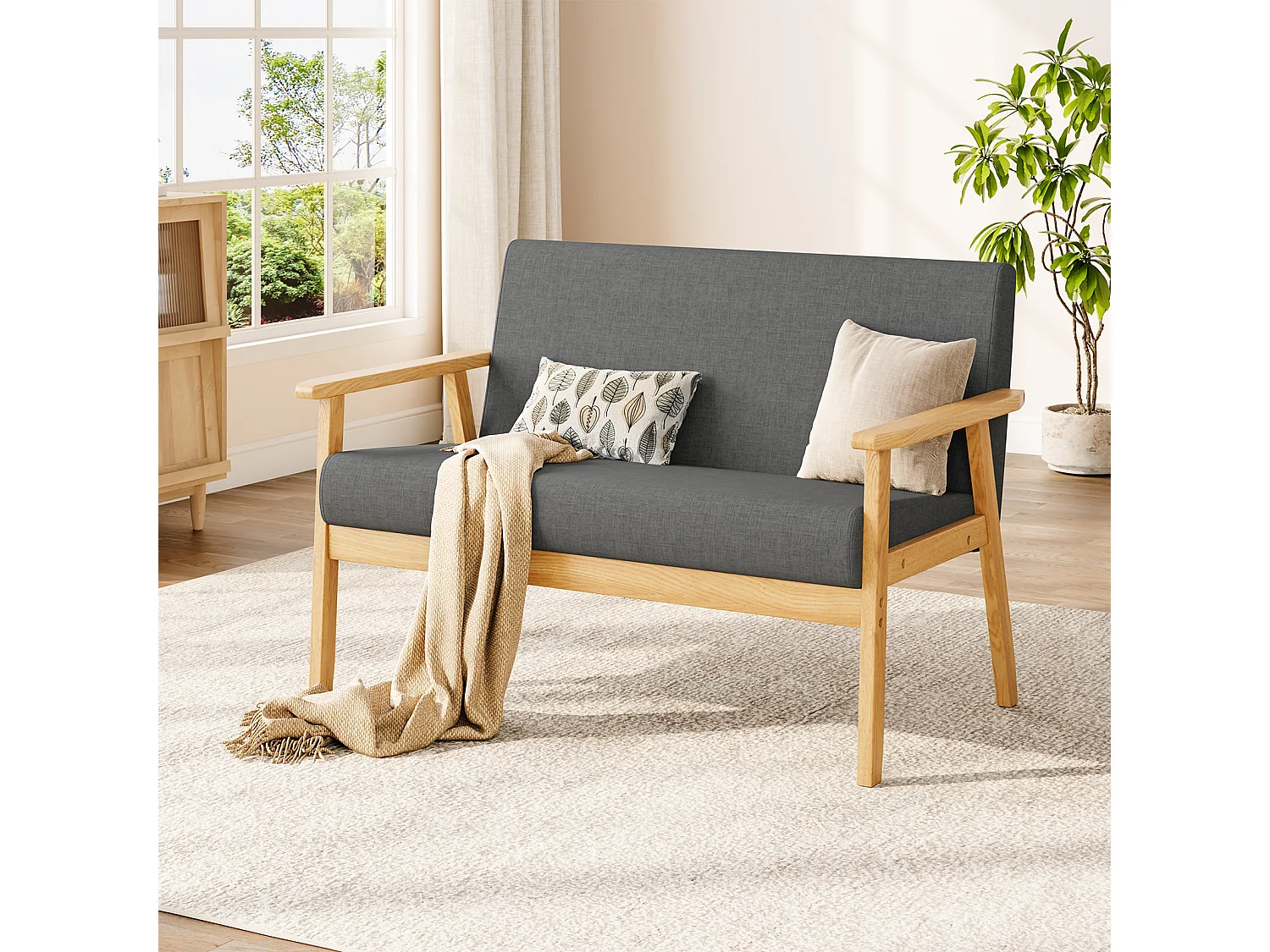 Canapé 2 Places - Moderne et scandinave - en Bois et Lin - pour Salon, Chambre à Coucher, Bureau - Gris foncé - 113 x 67 x 75 cm