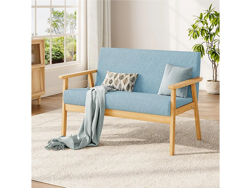 Canapé 2 Places, Moderne et scandinave, canapé Double en Velours Teddy en Bois, pour Salon, Chambre à Coucher, Bureau, 107 x 60 x 77 cm, Bleu Clair