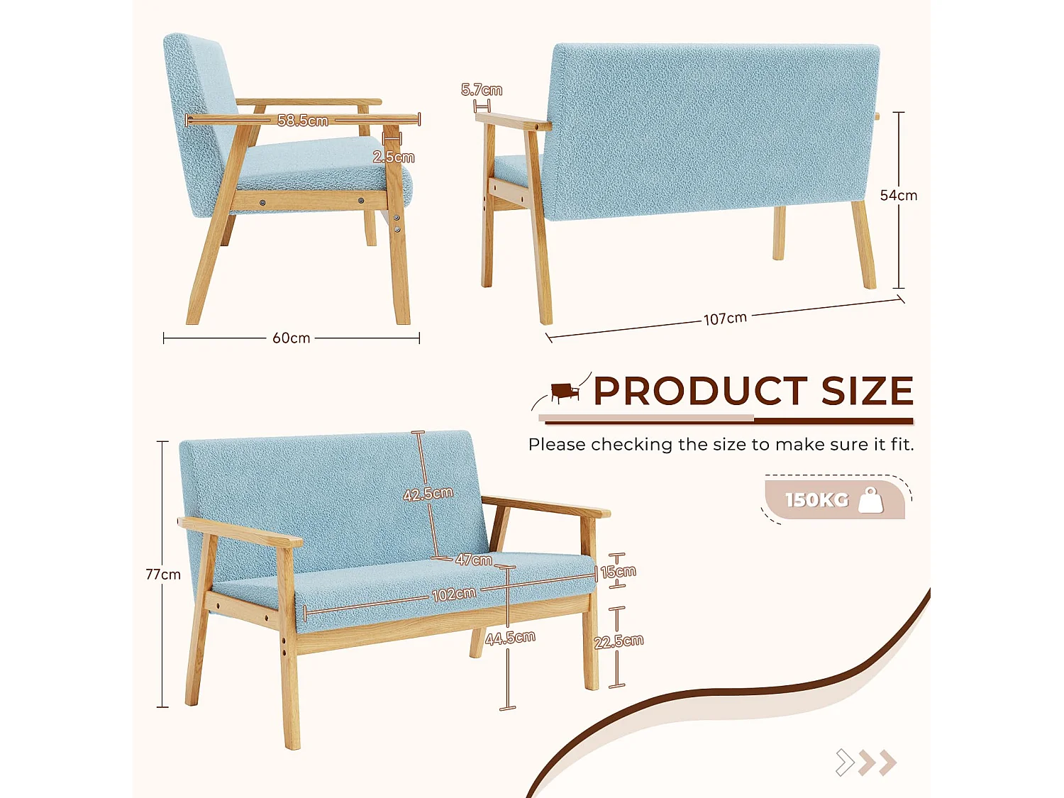 Canapé 2 Places, Moderne et scandinave, canapé Double en Velours Teddy en Bois, pour Salon, Chambre à Coucher, Bureau, 107 x 60 x 77 cm, Bleu Clair