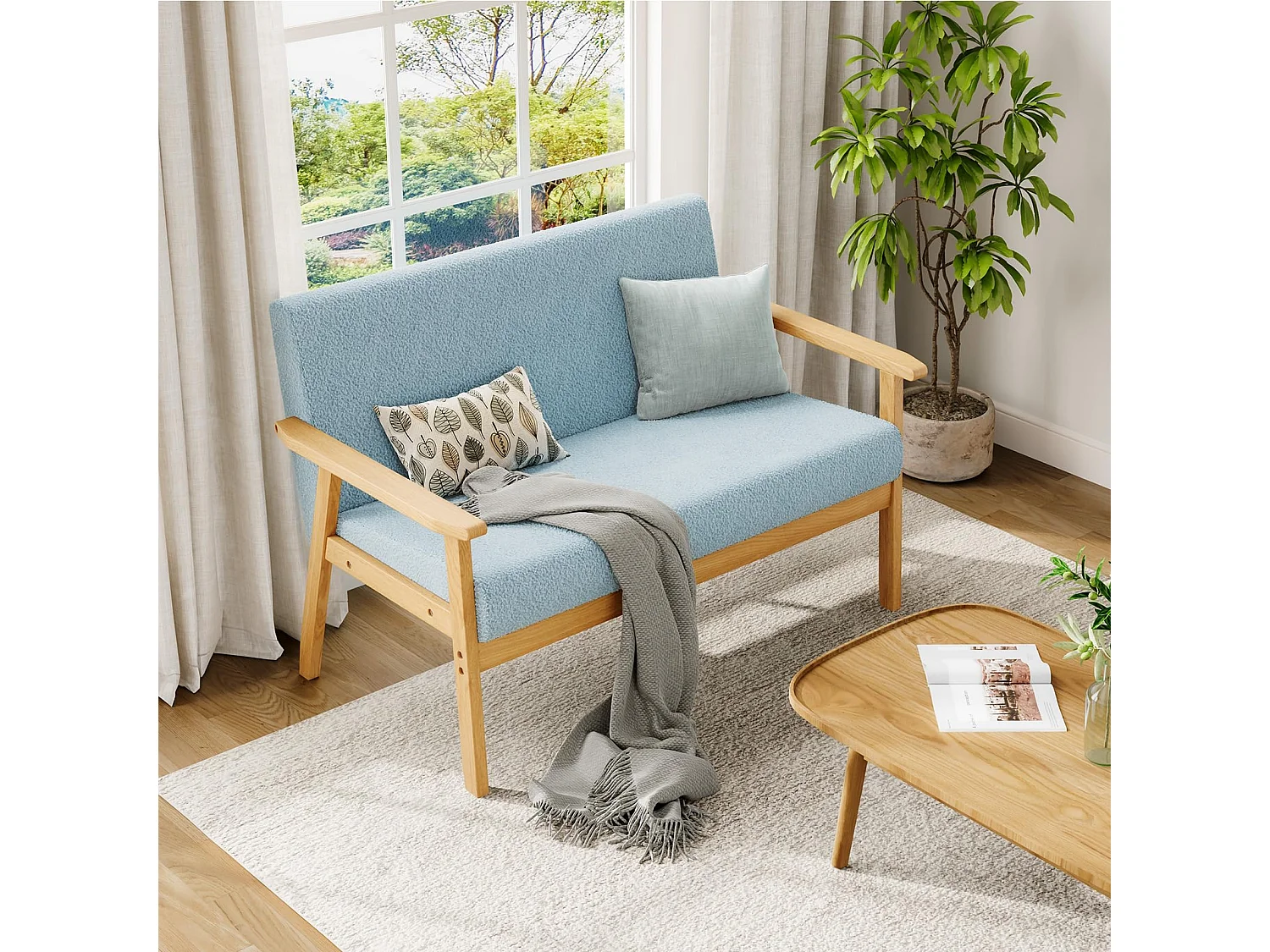 Canapé 2 Places, Moderne et scandinave, canapé Double en Velours Teddy en Bois, pour Salon, Chambre à Coucher, Bureau, 107 x 60 x 77 cm, Bleu Clair