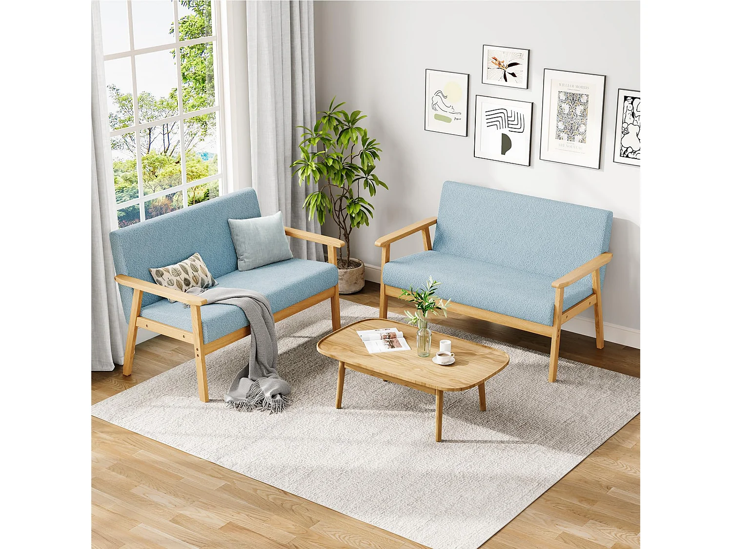 Canapé 2 Places, Moderne et scandinave, canapé Double en Velours Teddy en Bois, pour Salon, Chambre à Coucher, Bureau, 107 x 60 x 77 cm, Bleu Clair
