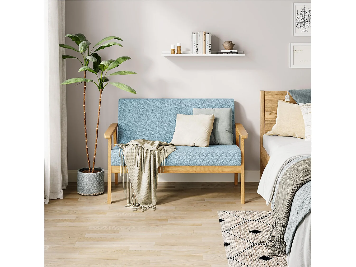 Canapé 2 Places, Moderne et scandinave, canapé Double en Velours Teddy en Bois, pour Salon, Chambre à Coucher, Bureau, 107 x 60 x 77 cm, Bleu Clair