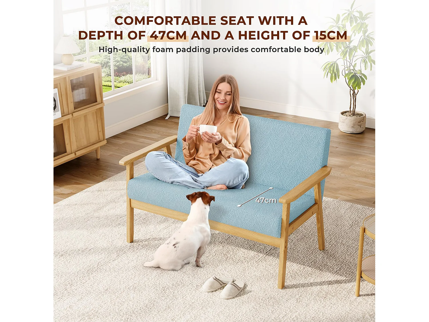 Canapé 2 Places, Moderne et scandinave, canapé Double en Velours Teddy en Bois, pour Salon, Chambre à Coucher, Bureau, 107 x 60 x 77 cm, Bleu Clair