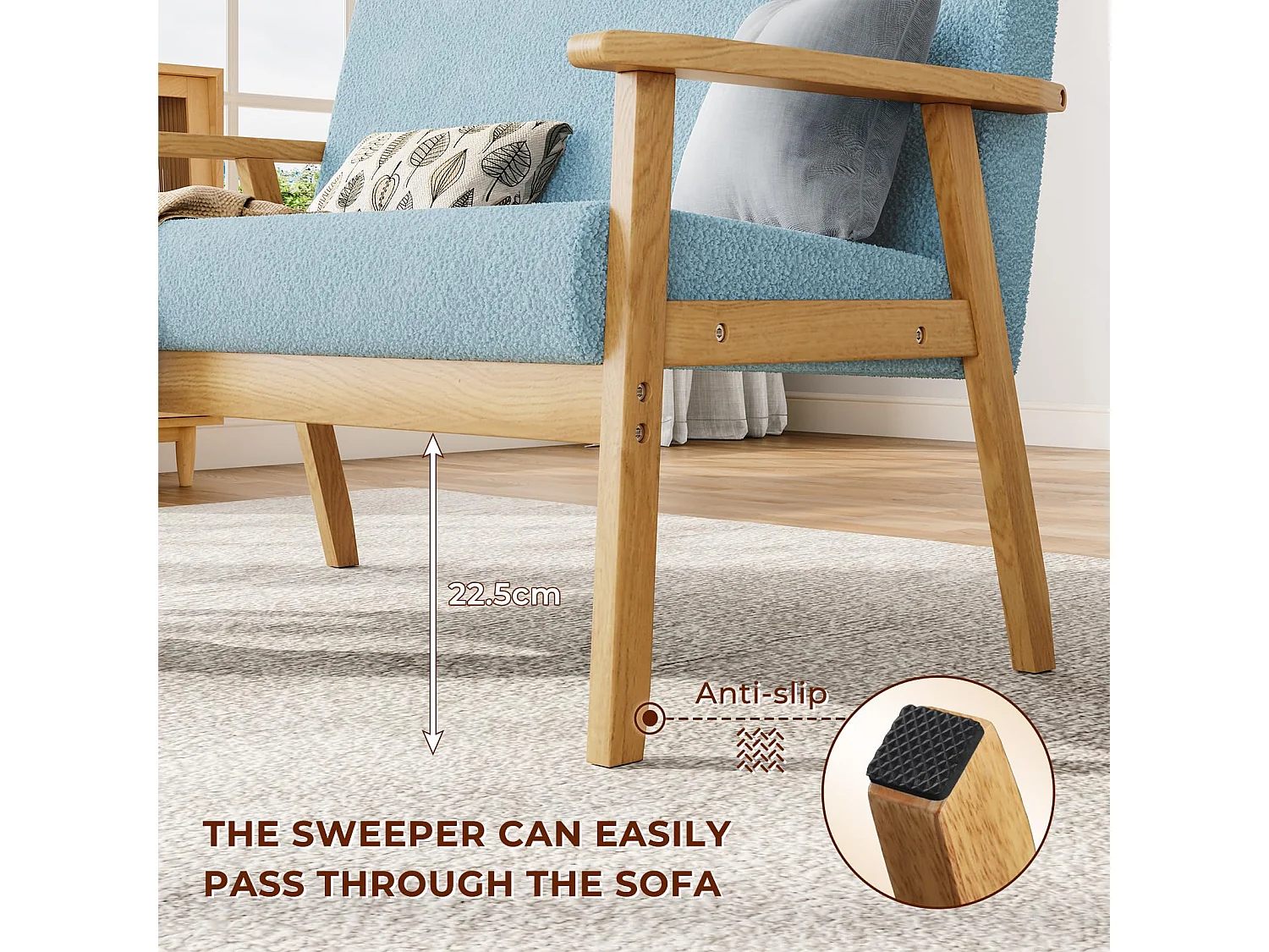 Canapé 2 Places, Moderne et scandinave, canapé Double en Velours Teddy en Bois, pour Salon, Chambre à Coucher, Bureau, 107 x 60 x 77 cm, Bleu Clair