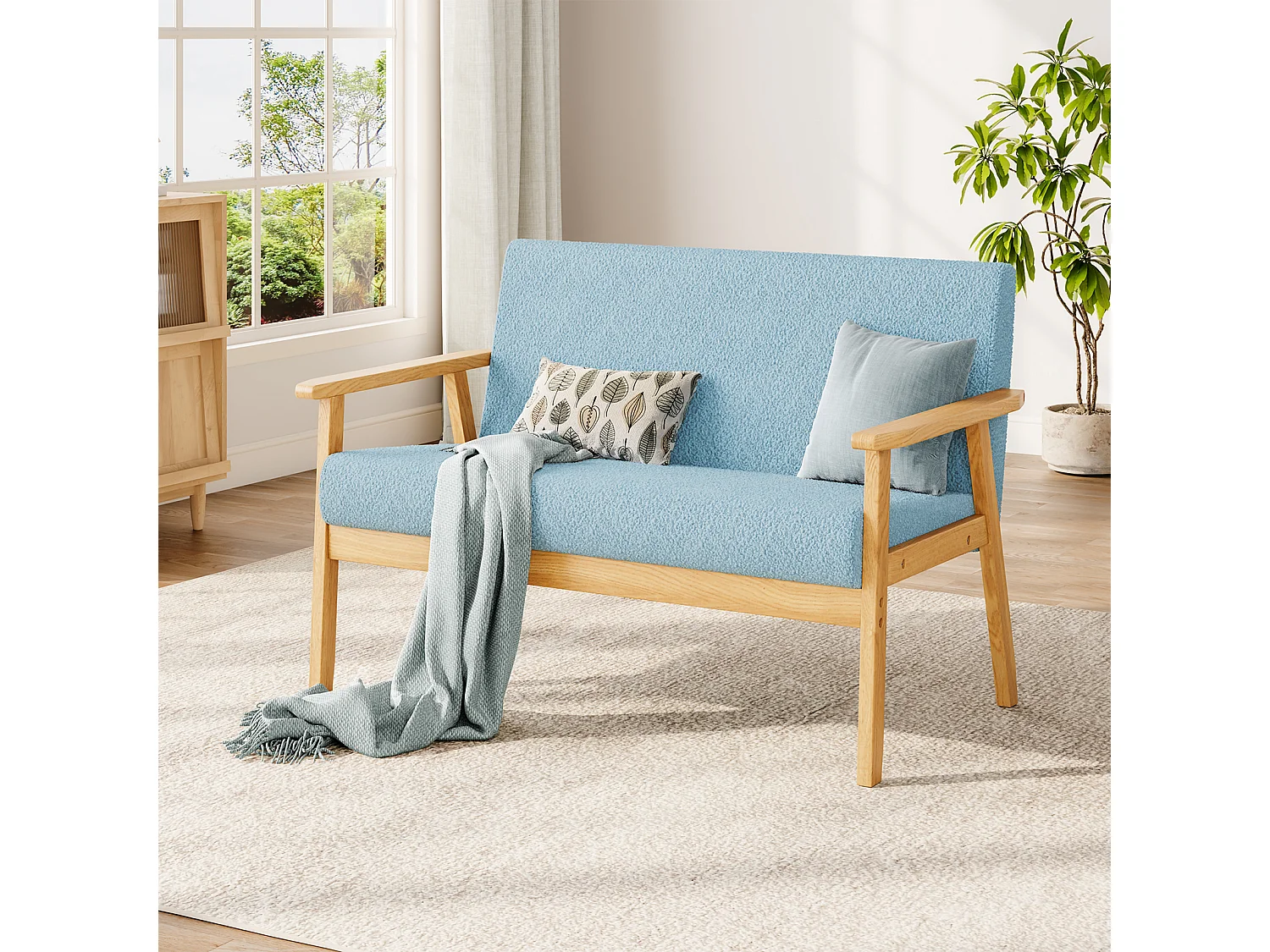 Canapé 2 Places, Moderne et scandinave, canapé Double en Velours Teddy en Bois, pour Salon, Chambre à Coucher, Bureau, 107 x 60 x 77 cm, Bleu Clair