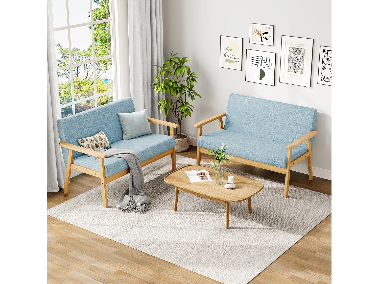 Canapé 2 Places, Moderne et scandinave, canapé Double en Velours Teddy en Bois, pour Salon, Chambre à Coucher, Bureau, 107 x 60 x 77 cm, Bleu Clair