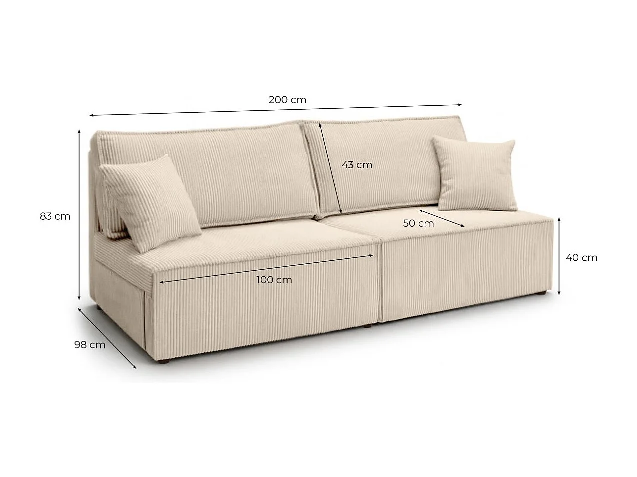 Canapé convertible 3 places FIONA sans accoudoirs coffre de rangement velours côtelé - Beige