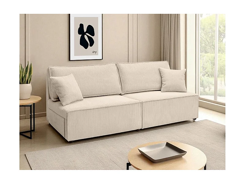 Canapé convertible 3 places FIONA sans accoudoirs coffre de rangement velours côtelé - Beige
