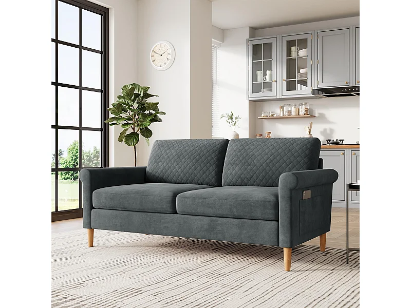 Canapé 2 Places en Tissu Velours Gris, 165cm Style Moderne Scandinave pour Salon, Appartement, Petit Espace, Pieds Bois Massif, 168x88x75