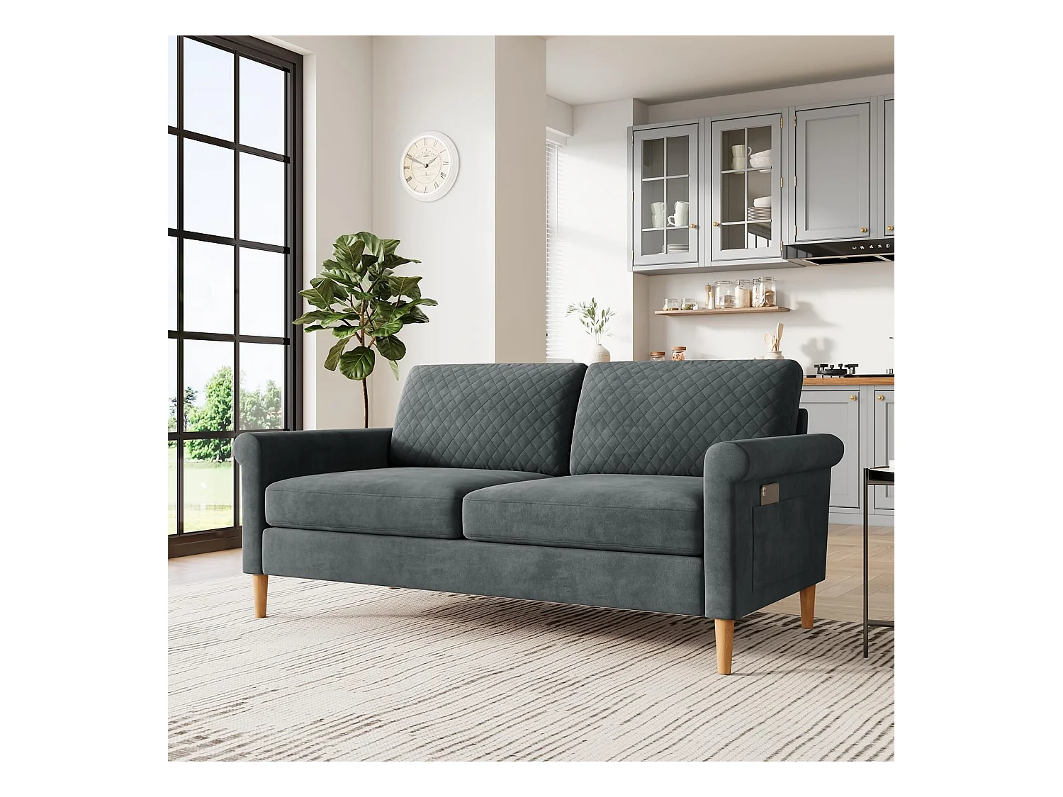 2-zitsbank in grijze fluwelen stof, 165 cm, moderne Scandinavische stijl voor woonkamer, appartement, kleine ruimte, massief houten poten, 168x88x75