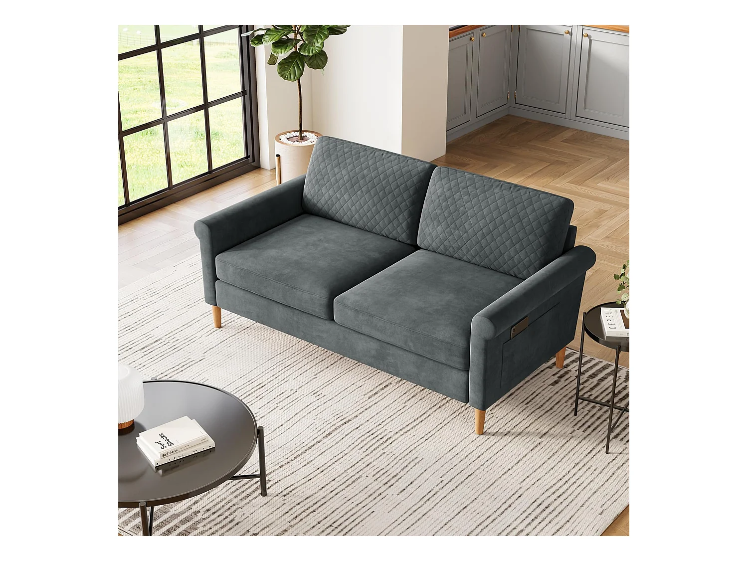 2-zitsbank in grijze fluwelen stof, 165 cm, moderne Scandinavische stijl voor woonkamer, appartement, kleine ruimte, massief houten poten, 168x88x75