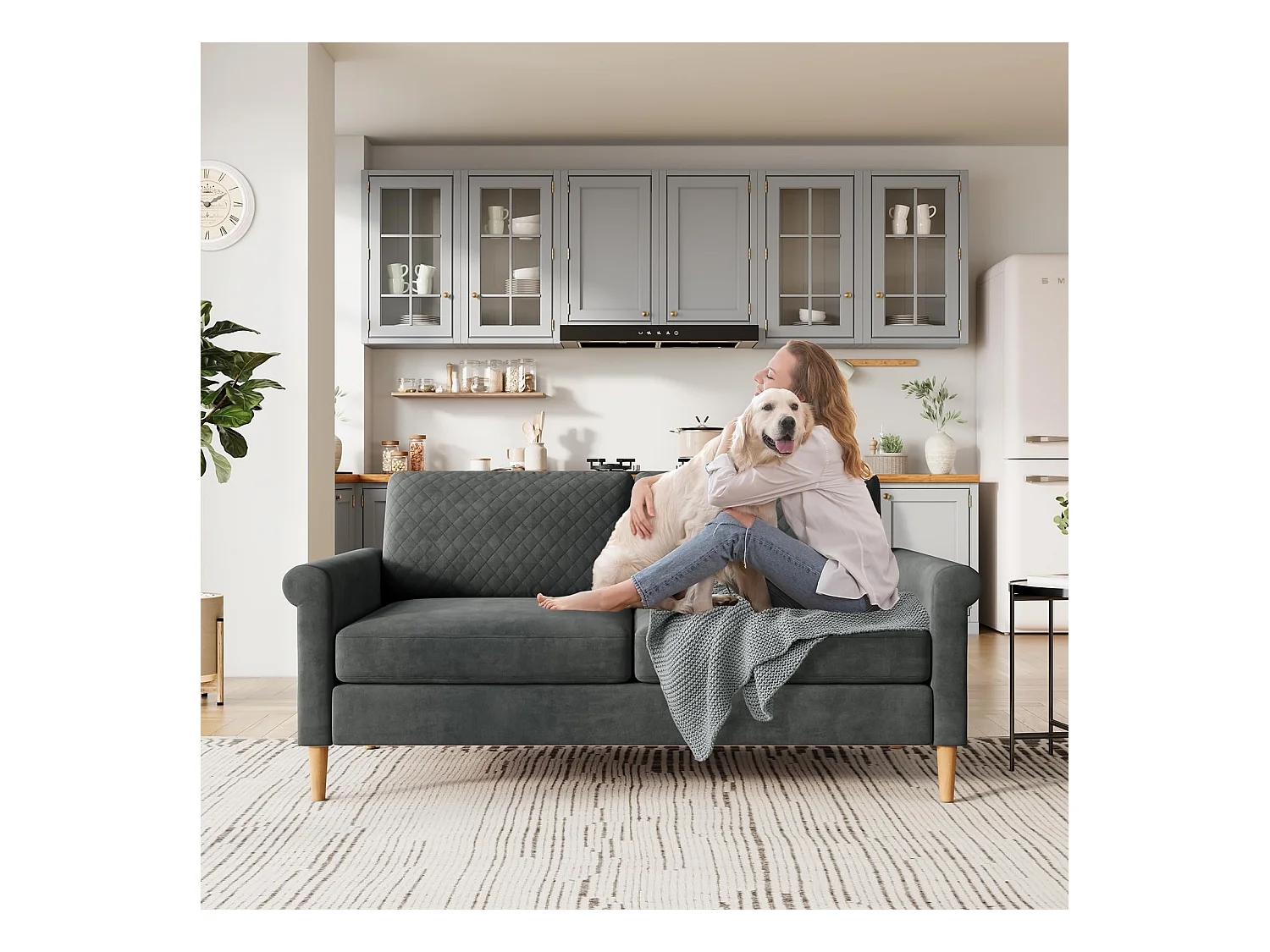 2-zitsbank in grijze fluwelen stof, 165 cm, moderne Scandinavische stijl voor woonkamer, appartement, kleine ruimte, massief houten poten, 168x88x75