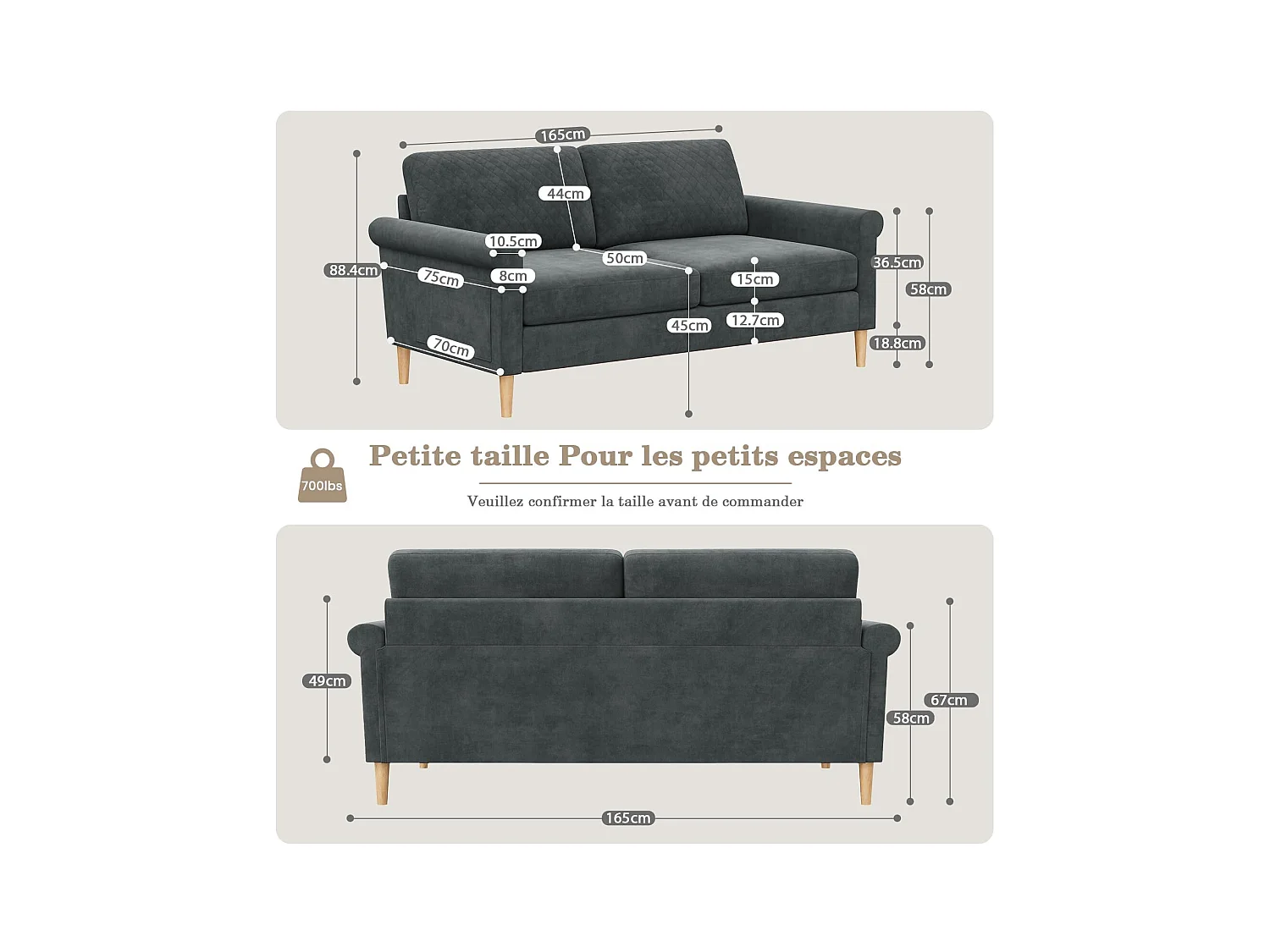 Canapé 2 Places en Tissu Velours Gris, 165cm Style Moderne Scandinave pour Salon, Appartement, Petit Espace, Pieds Bois Massif, 168x88x75
