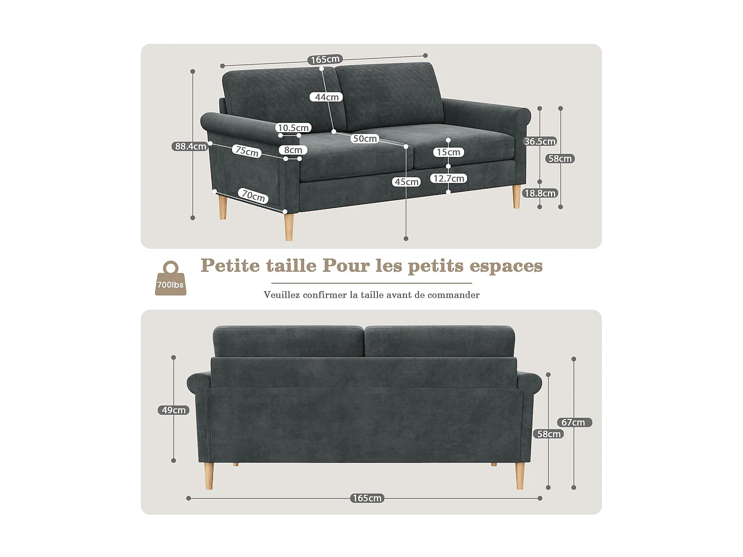 Canapé 2 Places en Tissu Velours Gris, 165cm Style Moderne Scandinave pour Salon, Appartement, Petit Espace, Pieds Bois Massif, 168x88x75