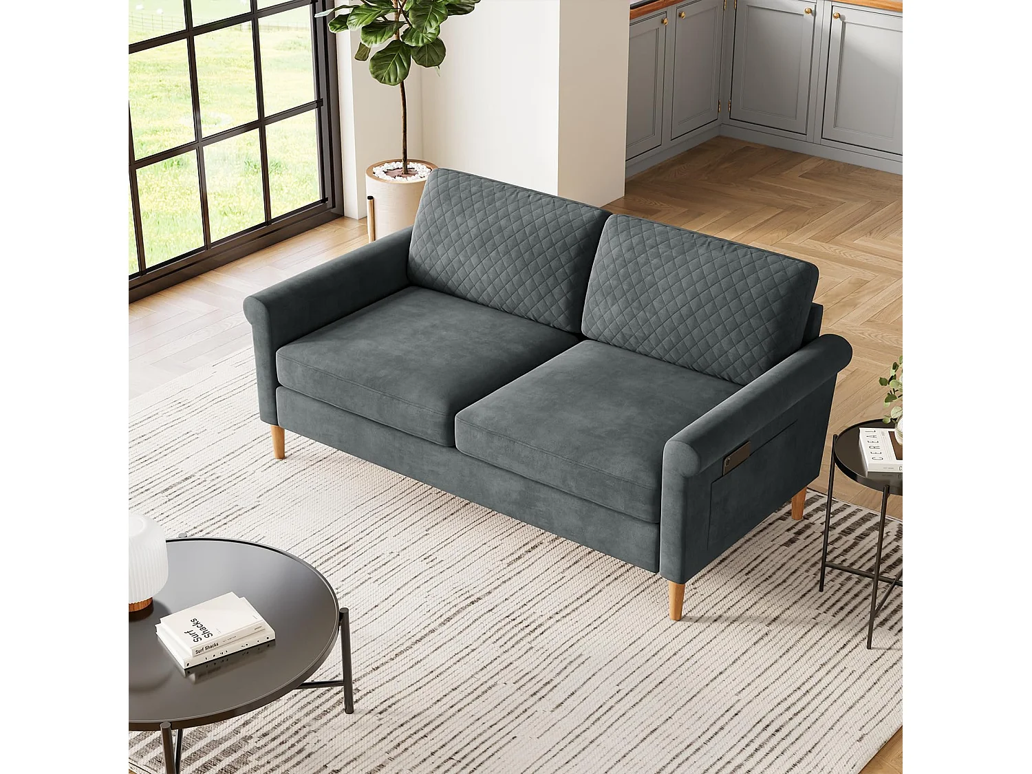 Canapé 2 Places en Tissu Velours Gris, 165cm Style Moderne Scandinave pour Salon, Appartement, Petit Espace, Pieds Bois Massif, 168x88x75