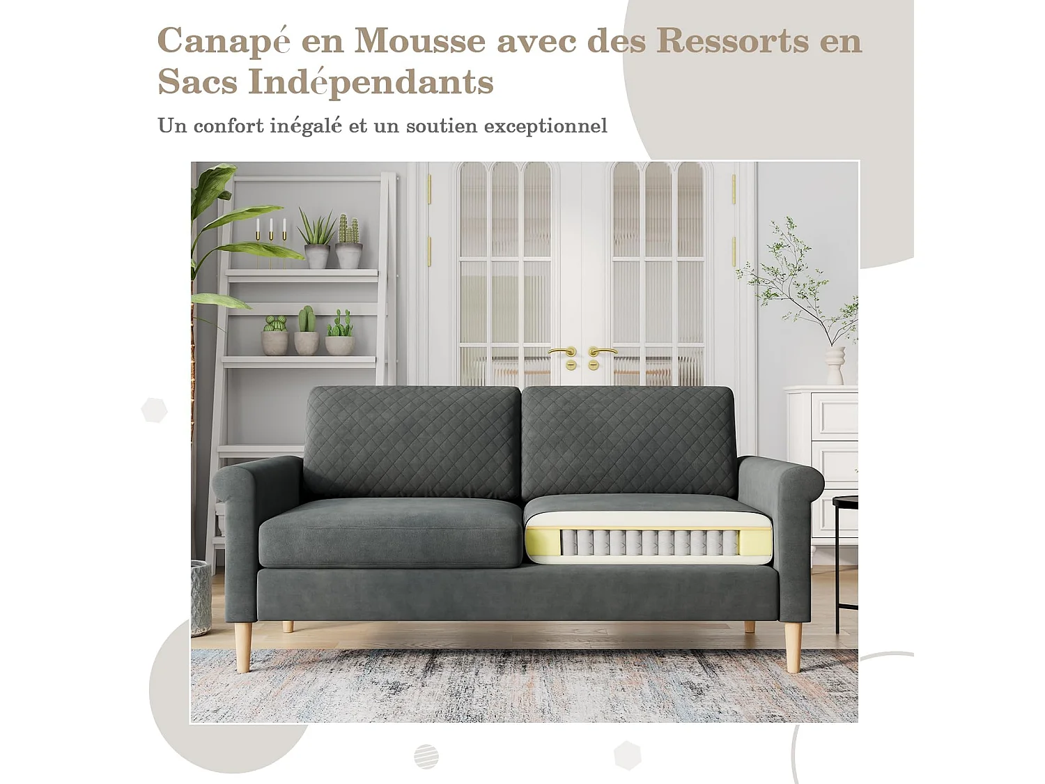 Canapé 2 Places en Tissu Velours Gris, 165cm Style Moderne Scandinave pour Salon, Appartement, Petit Espace, Pieds Bois Massif, 168x88x75