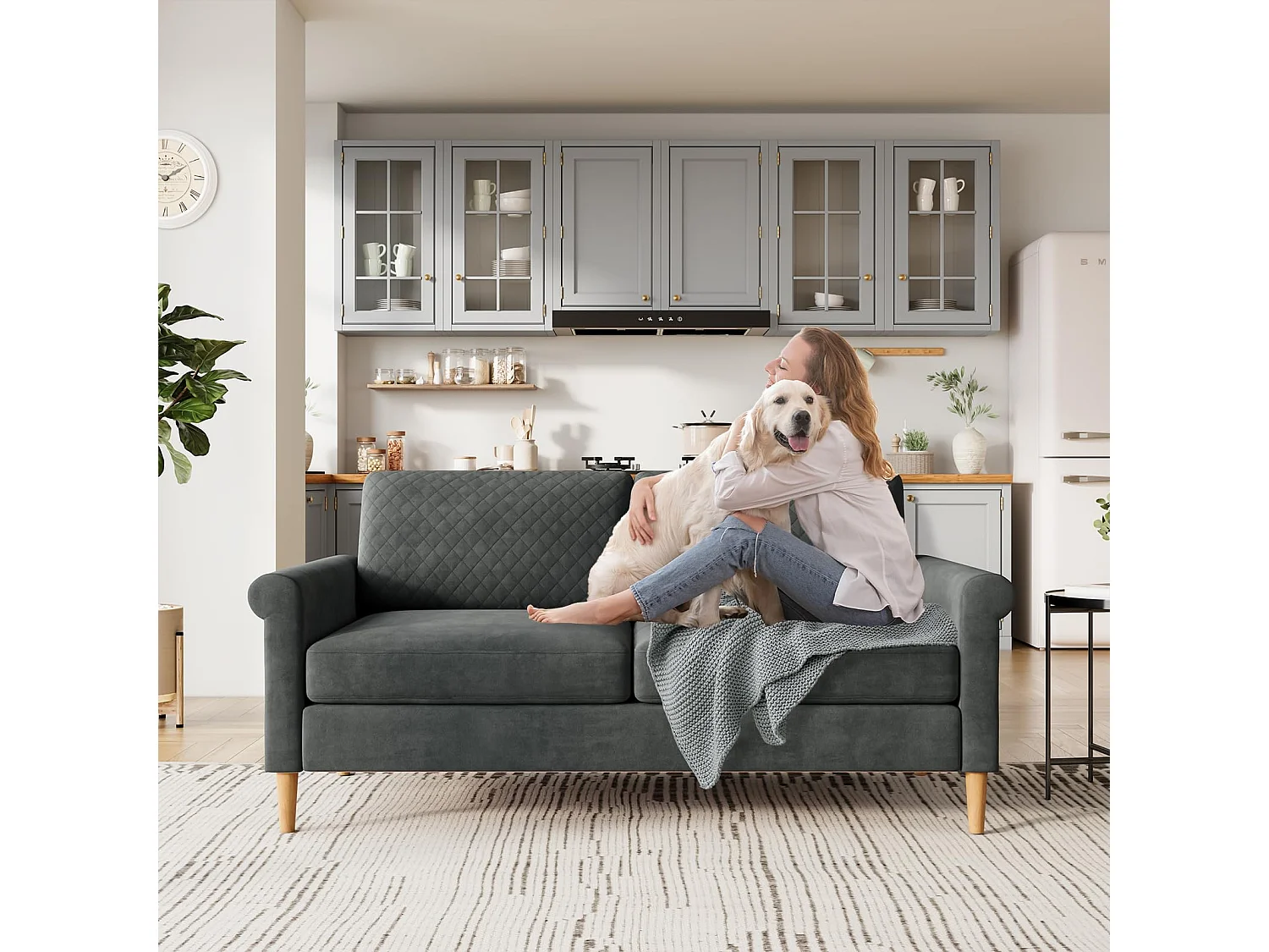 Canapé 2 Places en Tissu Velours Gris, 165cm Style Moderne Scandinave pour Salon, Appartement, Petit Espace, Pieds Bois Massif, 168x88x75