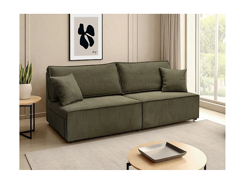 Canapé convertible 3 places FIONA sans accoudoirs coffre de rangement velours côtelé - Vert kaki