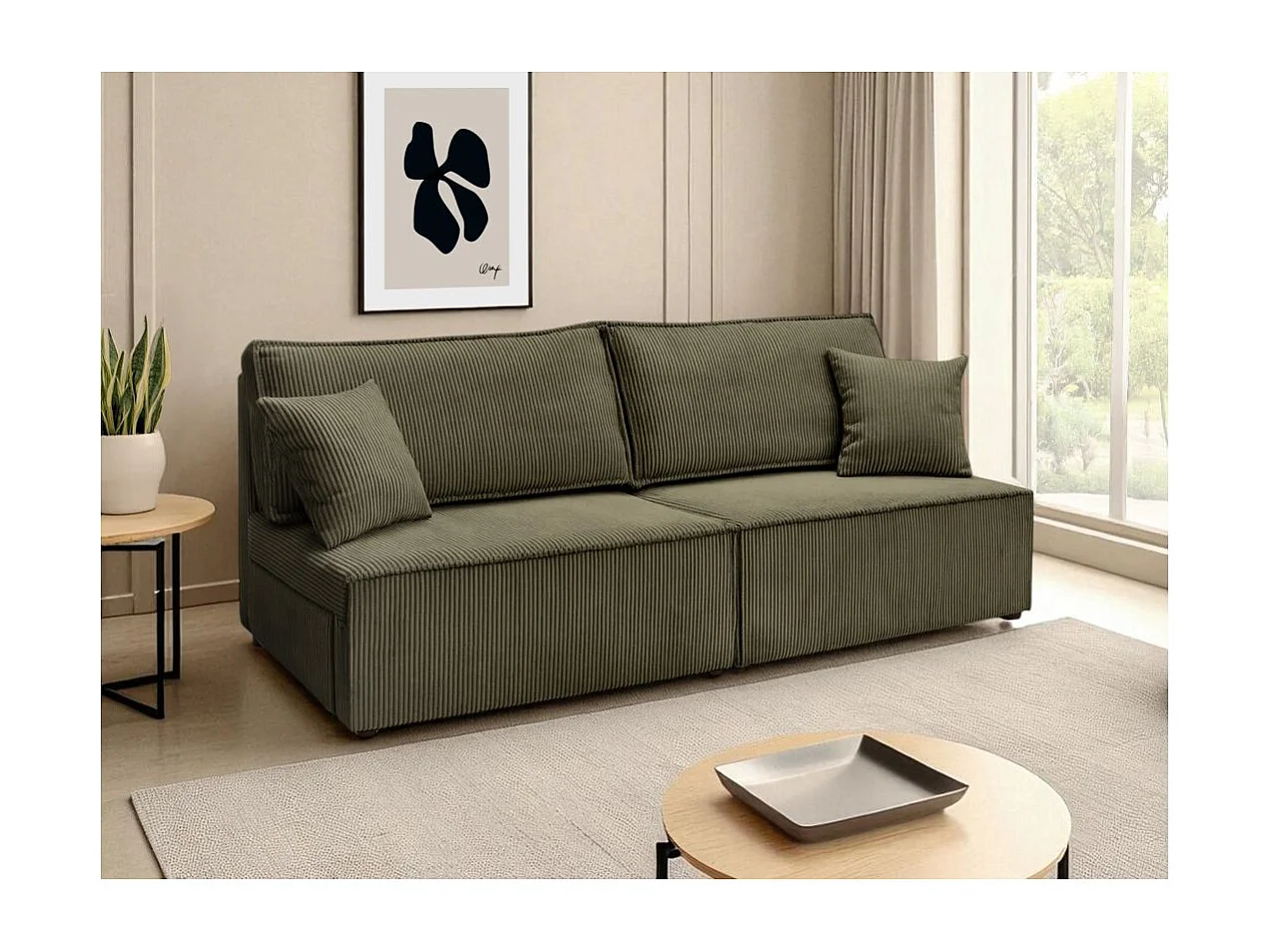 Canapé convertible 3 places FIONA sans accoudoirs coffre de rangement velours côtelé - Vert kaki
