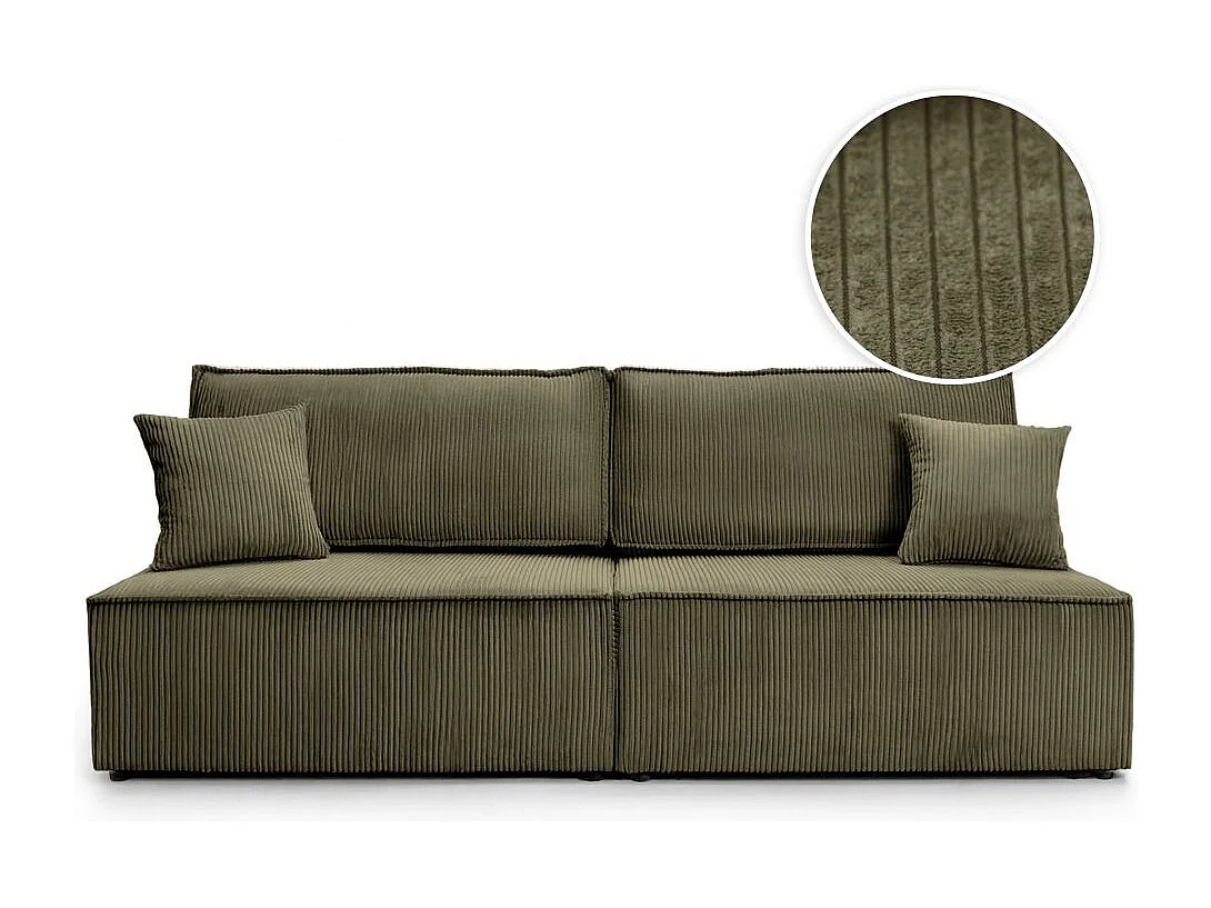 Canapé convertible 3 places FIONA sans accoudoirs coffre de rangement velours côtelé - Vert kaki