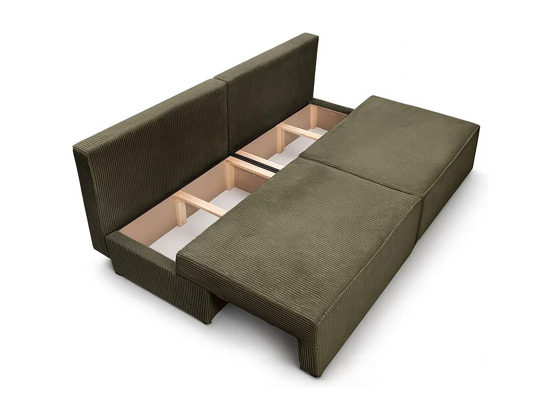 Canapé convertible 3 places FIONA sans accoudoirs coffre de rangement velours côtelé - Vert kaki