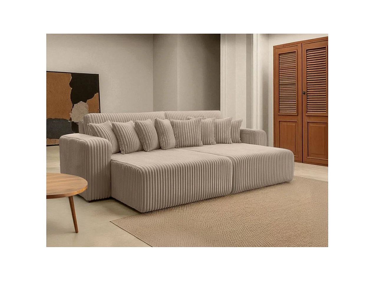 Canapé droit 4 places JADE double méridienne et assise profonde en velours côtelé épais - Taupe
