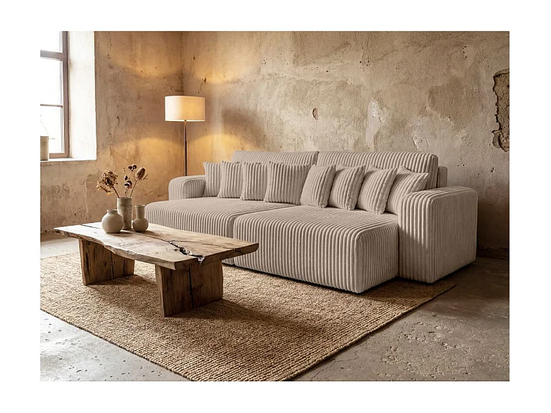 Canapé droit 4 places JADE double méridienne et assise profonde en velours côtelé épais - Taupe