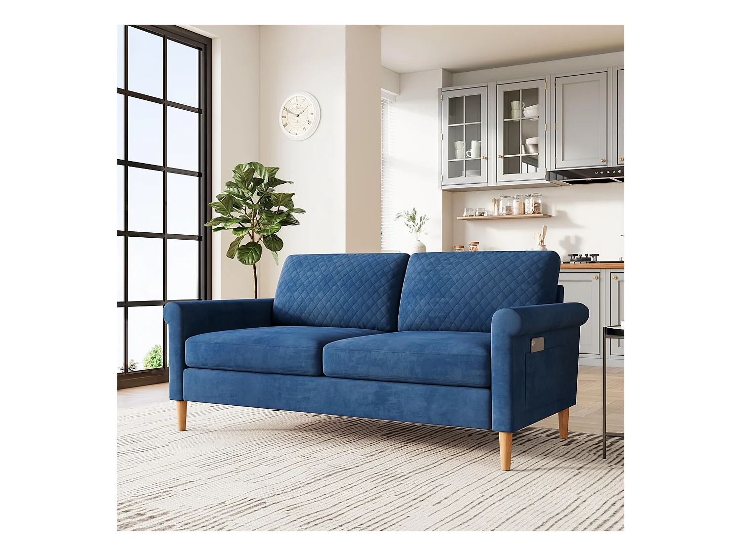 2-zitsbank in blauwe fluwelen stof, 165 cm, moderne Scandinavische stijl voor woonkamer, appartement, kleine ruimte, massief houten poten, 168x88x75