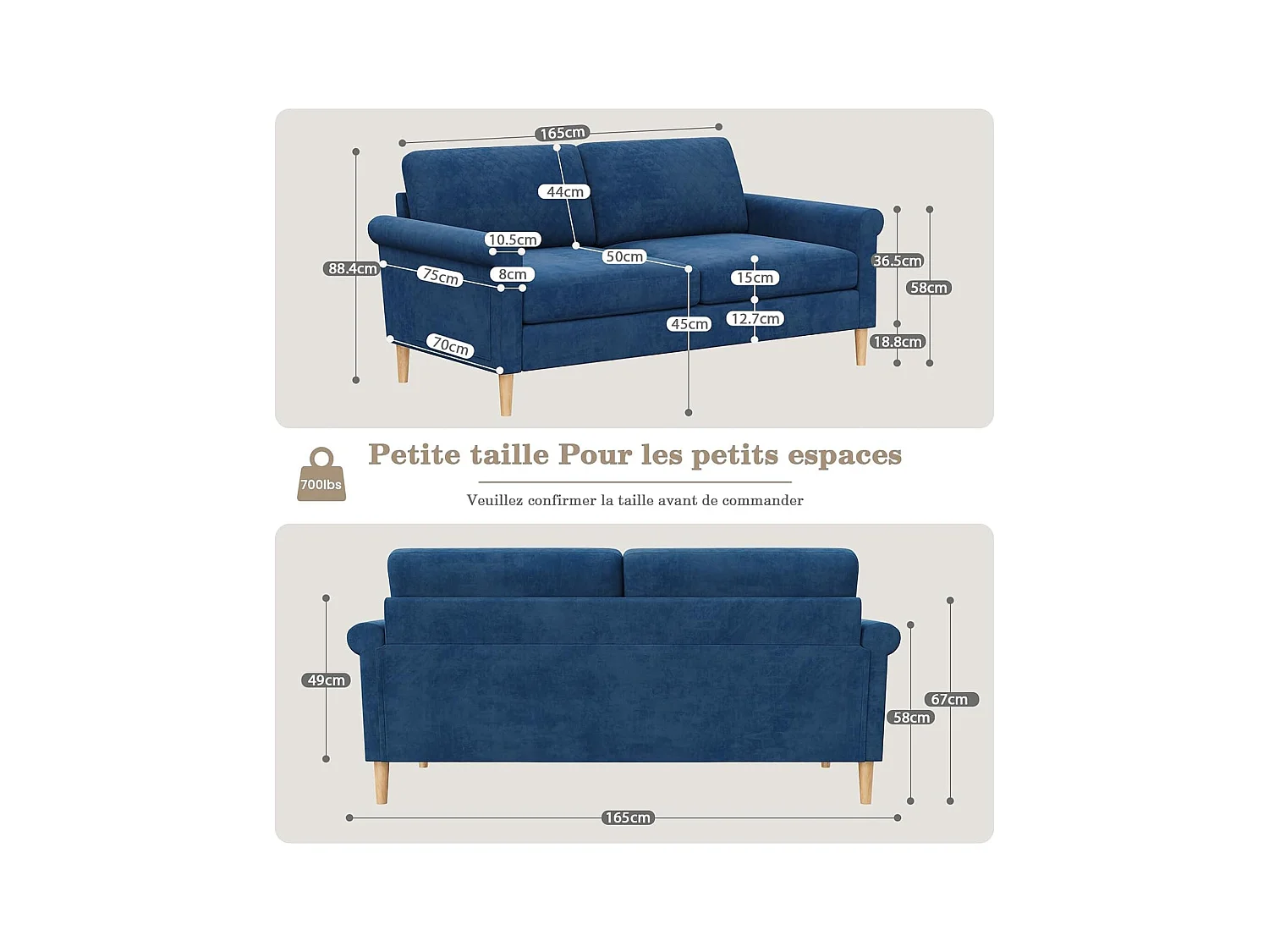 2-zitsbank in blauwe fluwelen stof, 165 cm, moderne Scandinavische stijl voor woonkamer, appartement, kleine ruimte, massief houten poten, 168x88x75