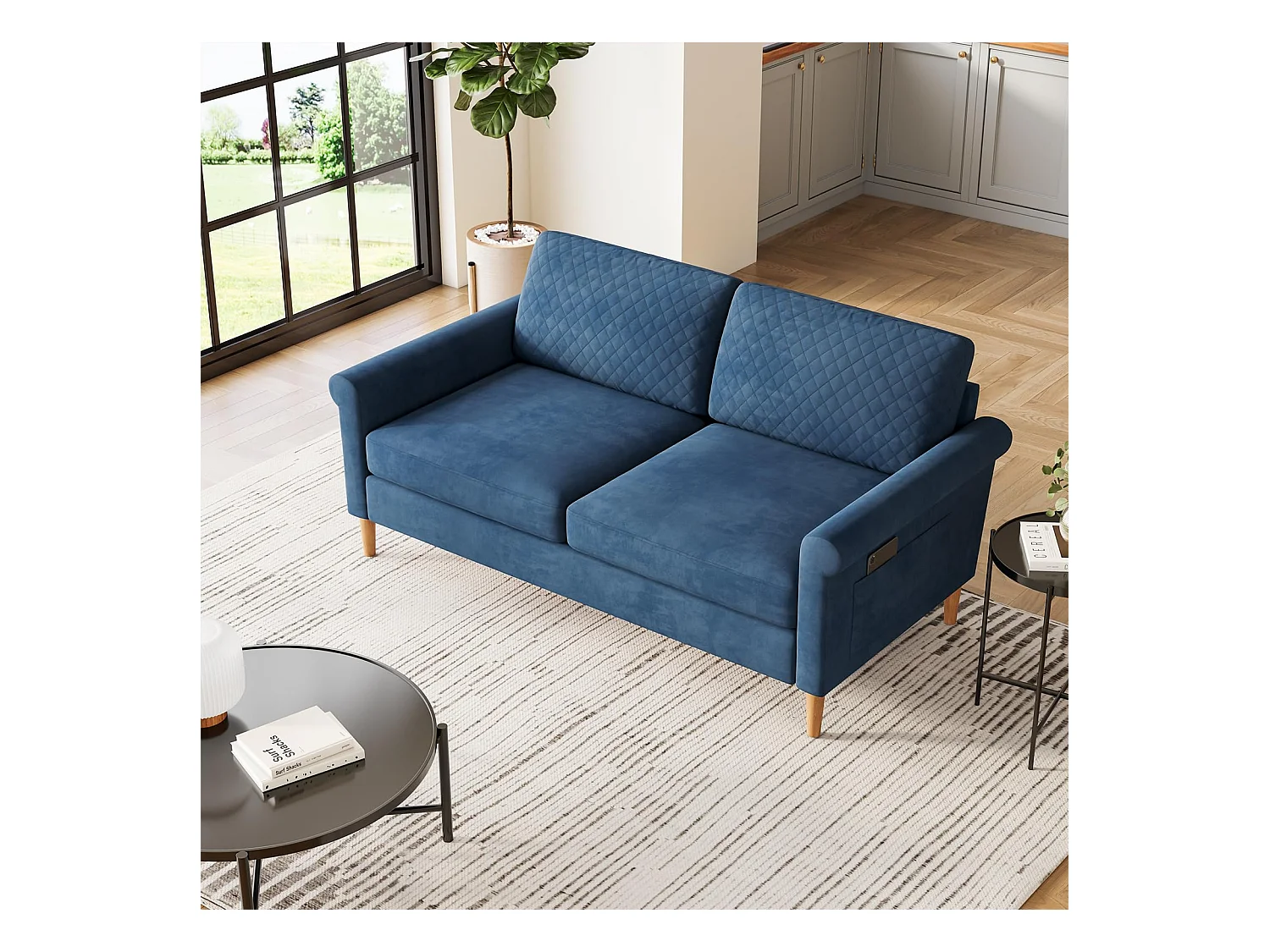 2-zitsbank in blauwe fluwelen stof, 165 cm, moderne Scandinavische stijl voor woonkamer, appartement, kleine ruimte, massief houten poten, 168x88x75