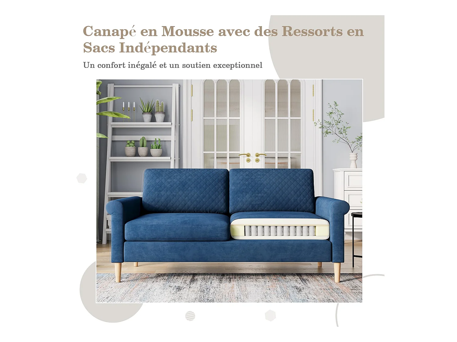 2-zitsbank in blauwe fluwelen stof, 165 cm, moderne Scandinavische stijl voor woonkamer, appartement, kleine ruimte, massief houten poten, 168x88x75