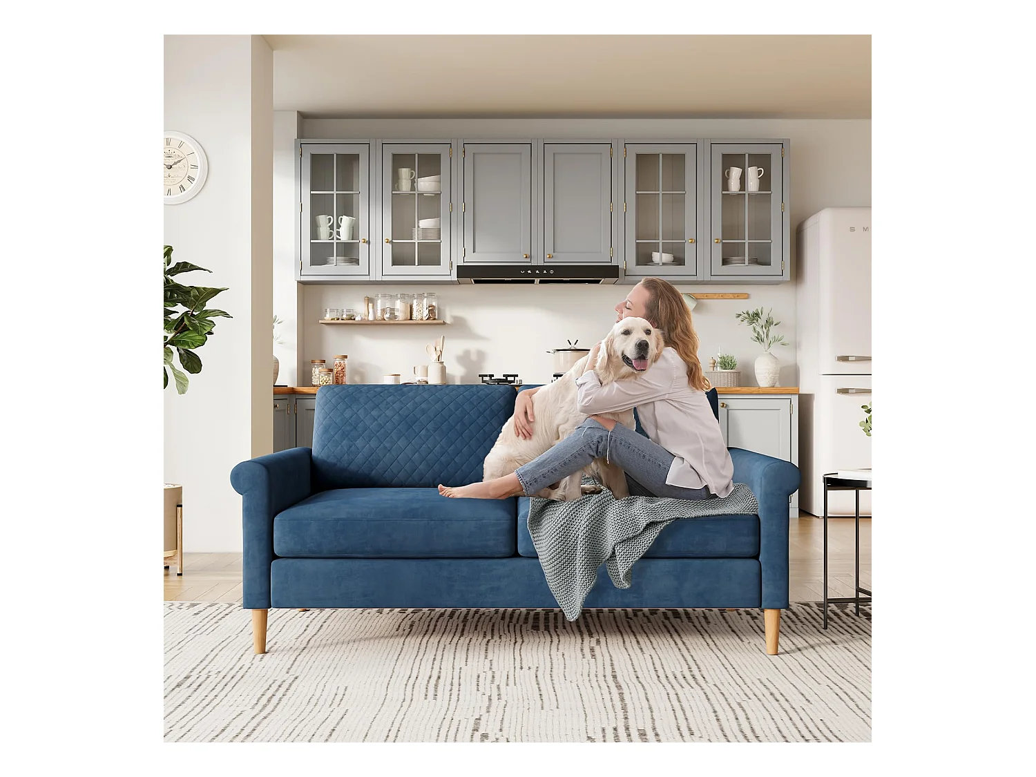 2-zitsbank in blauwe fluwelen stof, 165 cm, moderne Scandinavische stijl voor woonkamer, appartement, kleine ruimte, massief houten poten, 168x88x75