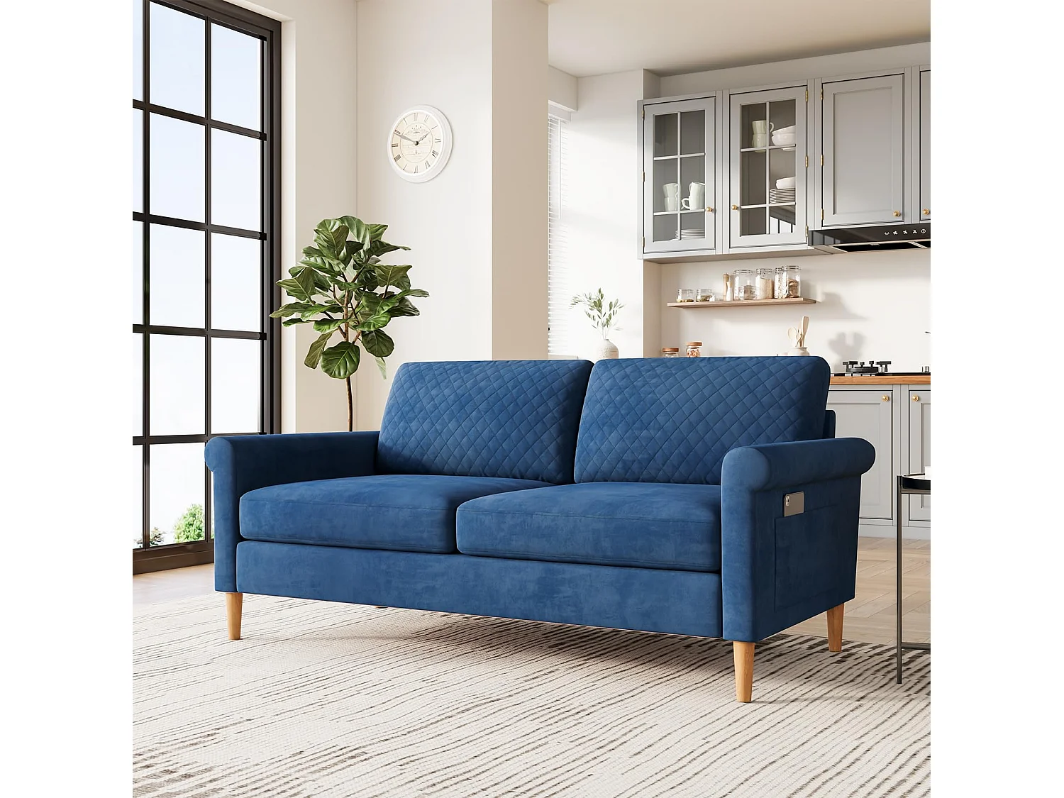 Canapé 2 Places en Tissu Velours Bleu, 165cm Style Moderne Scandinave pour Salon, Appartement, Petit Espace, Pieds Bois Massif, 168x88x75