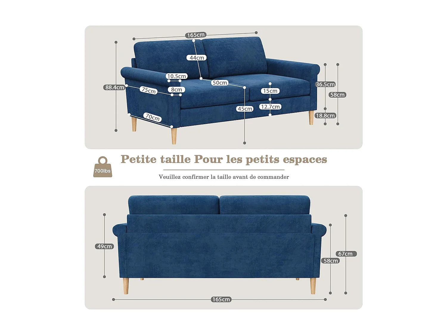 Canapé 2 Places en Tissu Velours Bleu, 165cm Style Moderne Scandinave pour Salon, Appartement, Petit Espace, Pieds Bois Massif, 168x88x75