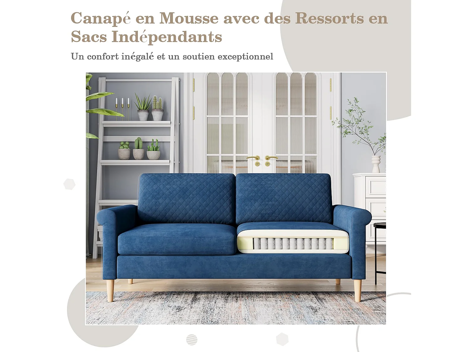 Canapé 2 Places en Tissu Velours Bleu, 165cm Style Moderne Scandinave pour Salon, Appartement, Petit Espace, Pieds Bois Massif, 168x88x75