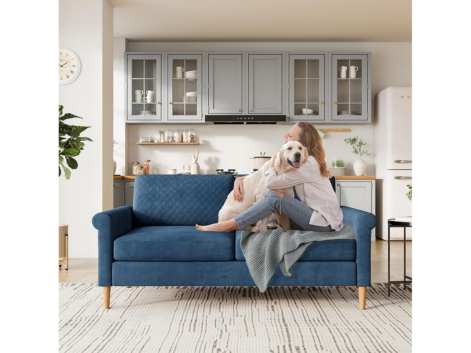 Canapé 2 Places en Tissu Velours Bleu, 165cm Style Moderne Scandinave pour Salon, Appartement, Petit Espace, Pieds Bois Massif, 168x88x75