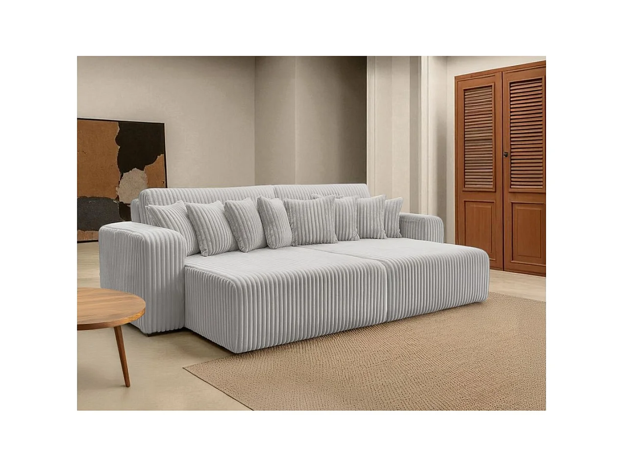 Canapé droit 4 places JADE double méridienne et assise profonde en velours côtelé épais - Gris clair
