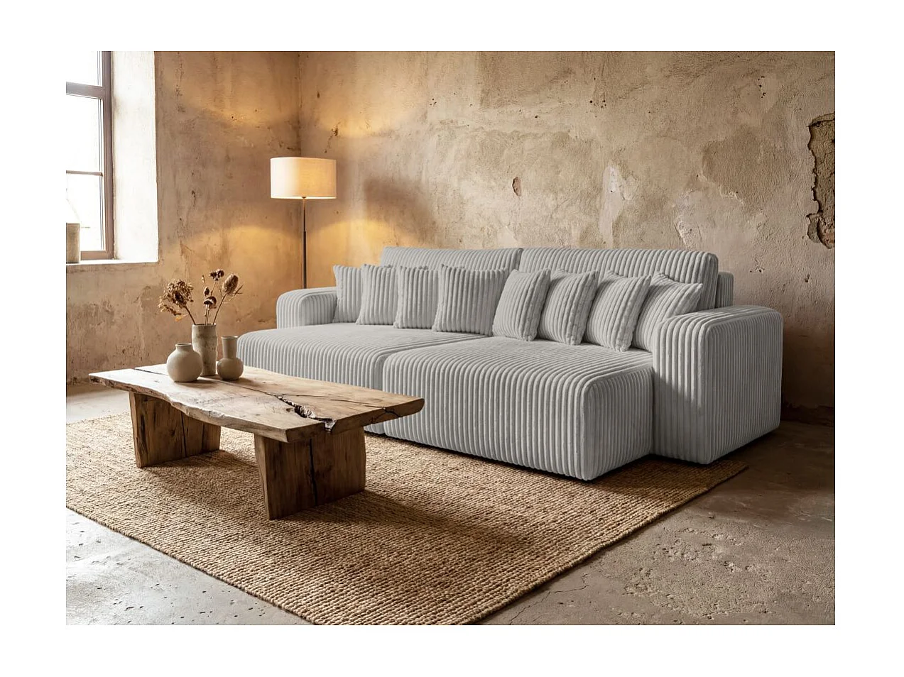 Canapé droit 4 places JADE double méridienne et assise profonde en velours côtelé épais - Gris clair