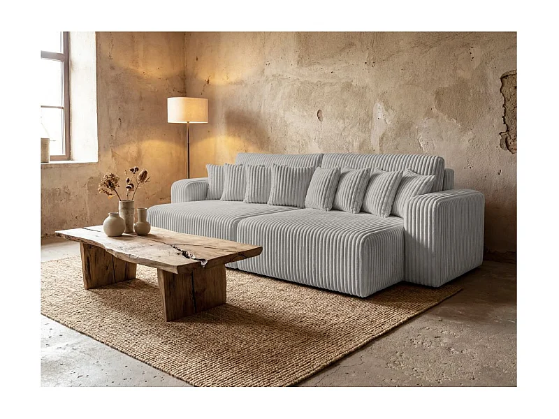 Canapé droit 4 places JADE double méridienne et assise profonde en velours côtelé épais - Gris clair